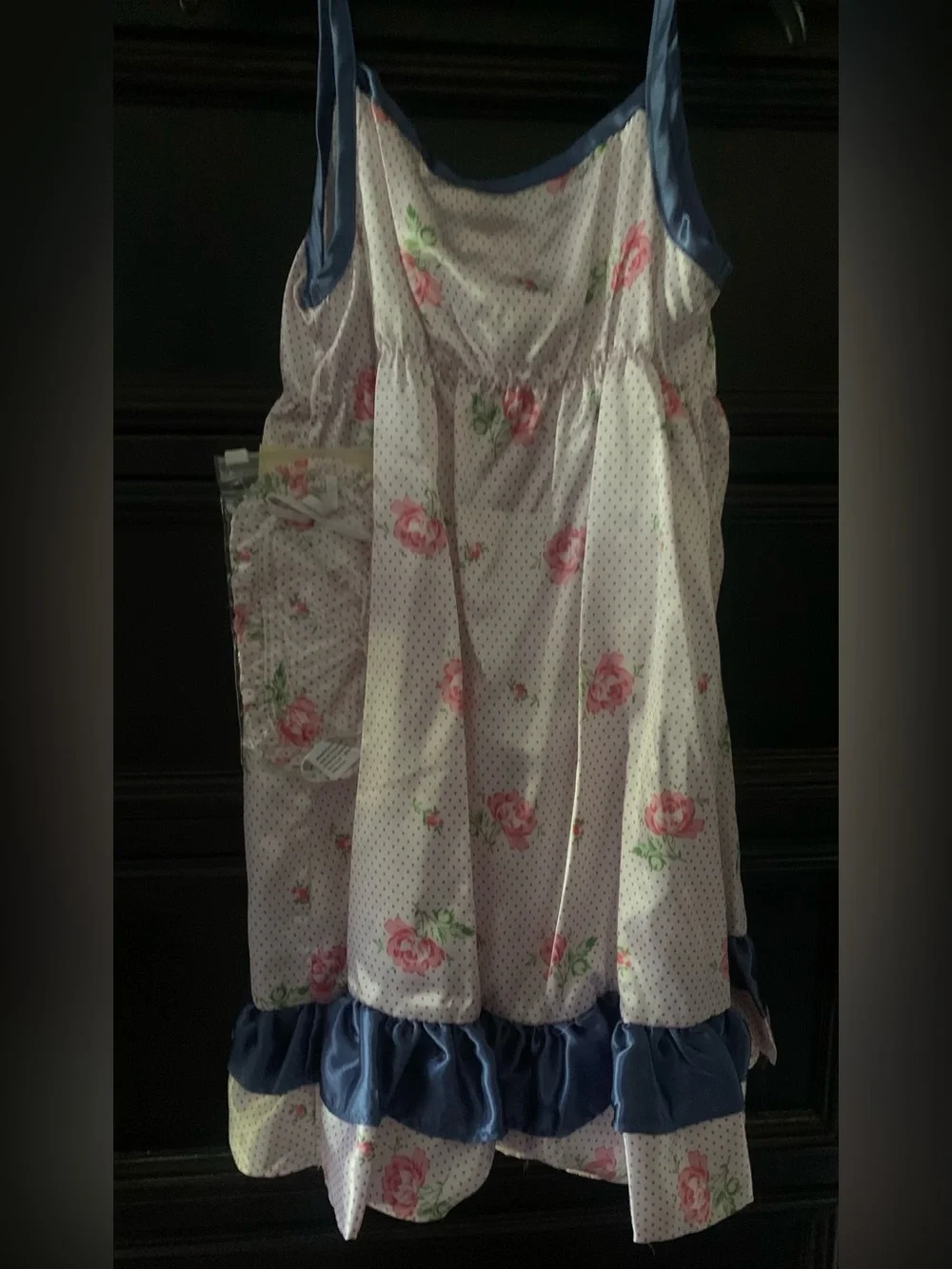 Laura Ashley White Floral Nightgown with Pink Roses and Blue Trim